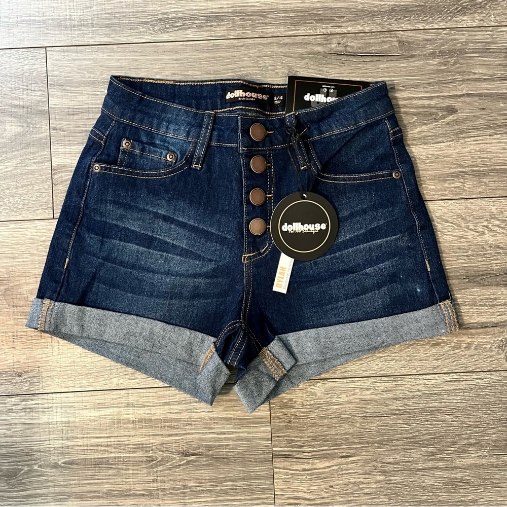 dollhouse women's shorts high‎ rise button fly 5 pocket rolled hem dark wash 3/4